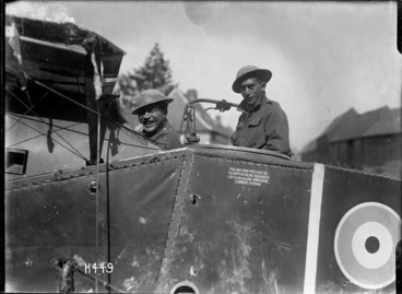 Image: Pioneer Battalion soldiers in the cockpit of a downed Bristol fighter F2B during World War I