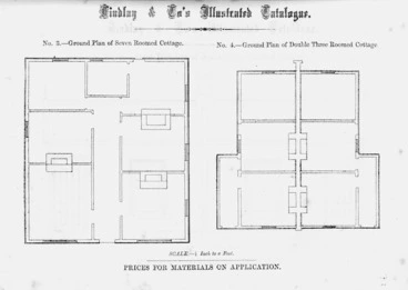 Image: Findlay & Co. :Findlay and Co's illustrated catalogue. No. 3. Ground plan of seven roomed cottage. Ground plan of double three roomed cottage. Scale 1/8 inch to a foot. Prices for material on application. [1874]