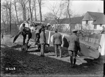 Image: Members of the Pioneer Battalion inspect a downed Bristol fighter F2B during World War I