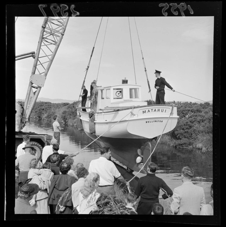 Image: Launch, Matahui, being lowered into Waiwhetu Stream, Lower Hutt