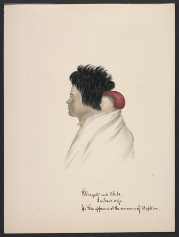Image: [Coates, Isaac] 1808-1878 :Hingatu and child. Iwikau's wife. As they appeared at the ceremony of Baptism. [1843?]