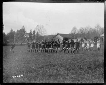 Image: World War I New Zealand soldiers performing a haka at a rugby match