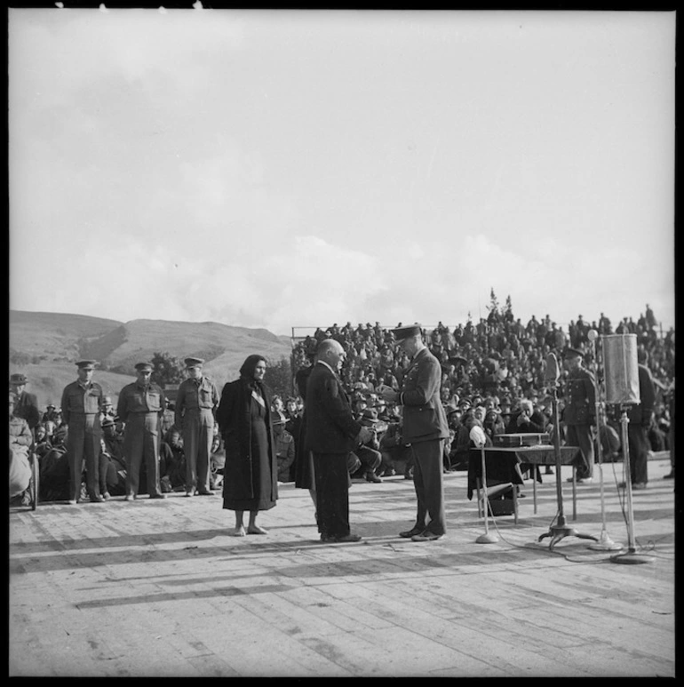 Image: Posthumous awarding of the Victoria Cross to Te Moananui-a-Kiwa Ngarimu's parents, in Ruatoria