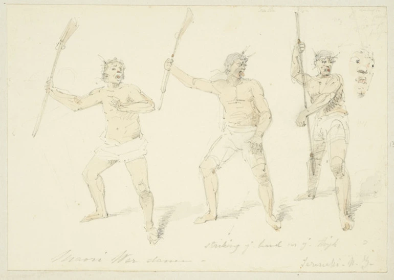 Image: [Strutt, William] 1825-1915 :Maori war dance. Taranaki N. Z. Striking the hand on the thigh. [1855 or 1856]