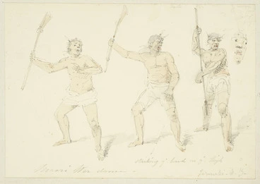 Image: [Strutt, William] 1825-1915 :Maori war dance. Taranaki N. Z. Striking the hand on the thigh. [1855 or 1856]