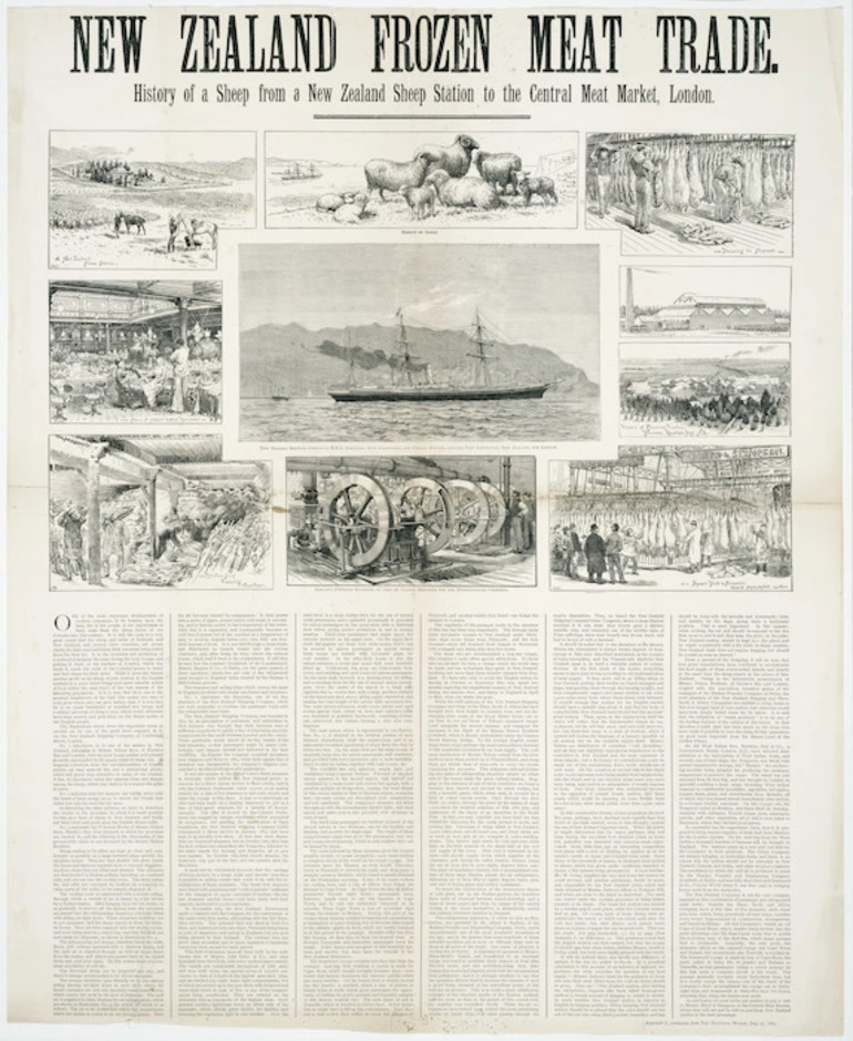 Image: New Zealand frozen meat trade; history of a sheep from a New Zealand sheep station to the Central Meat Market, London. Reprinted by permission from 'The Pictorial World', July 21 1887.