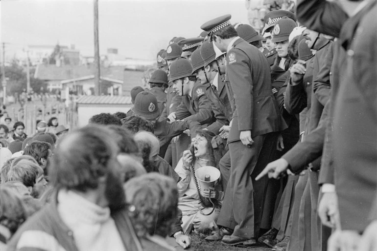 Image: Protestors and police officers at Rugby Park, Hamilton - Photograph taken by Phil Reid