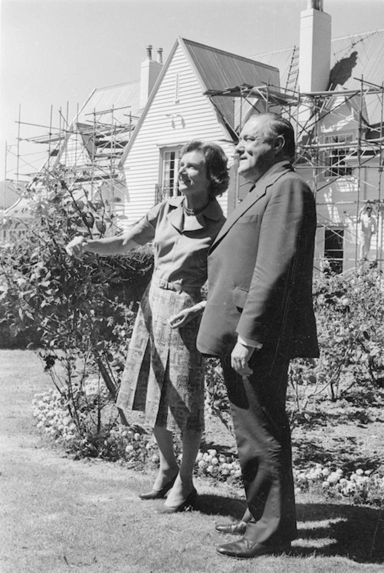 Image: Prime Minister Robert Muldoon, and his wife Thea, outside Vogel House, Lower Hutt