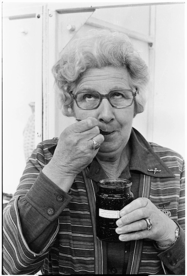 Image: Mrs Margaret Foster samples raspberry jam at the Manawatu Agricultural and Pastoral Show