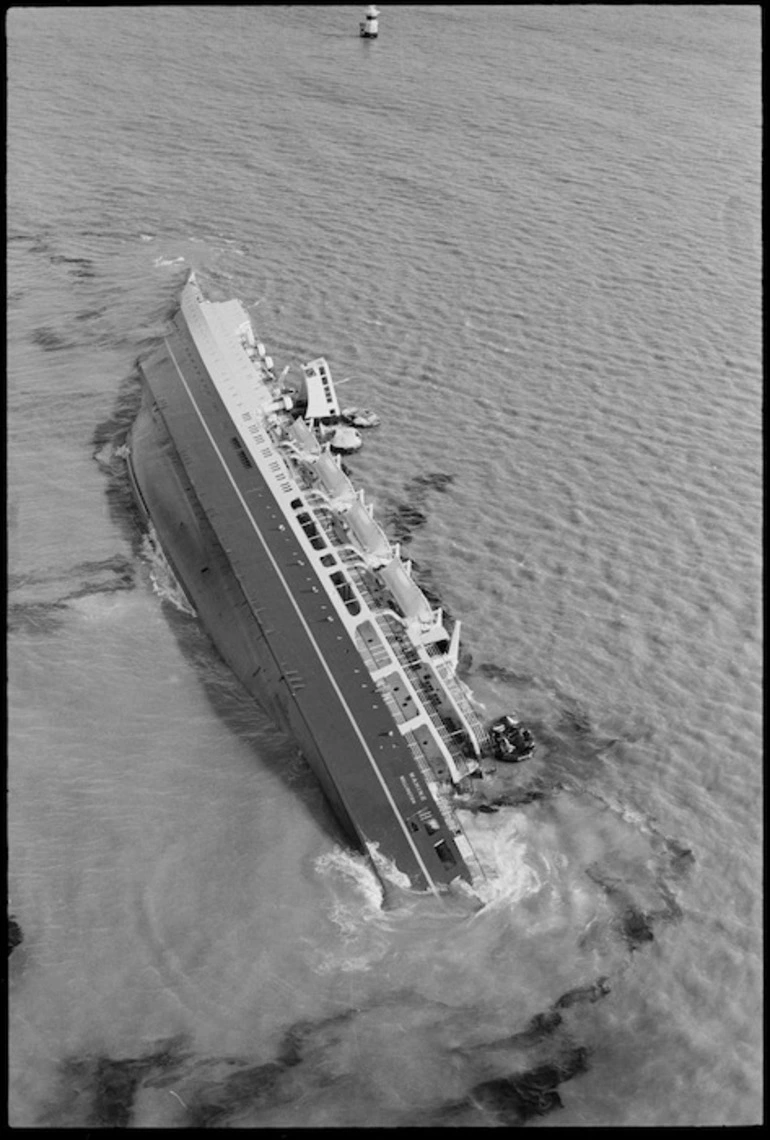 Image: Ship Wahine on her side in Wellington Harbour