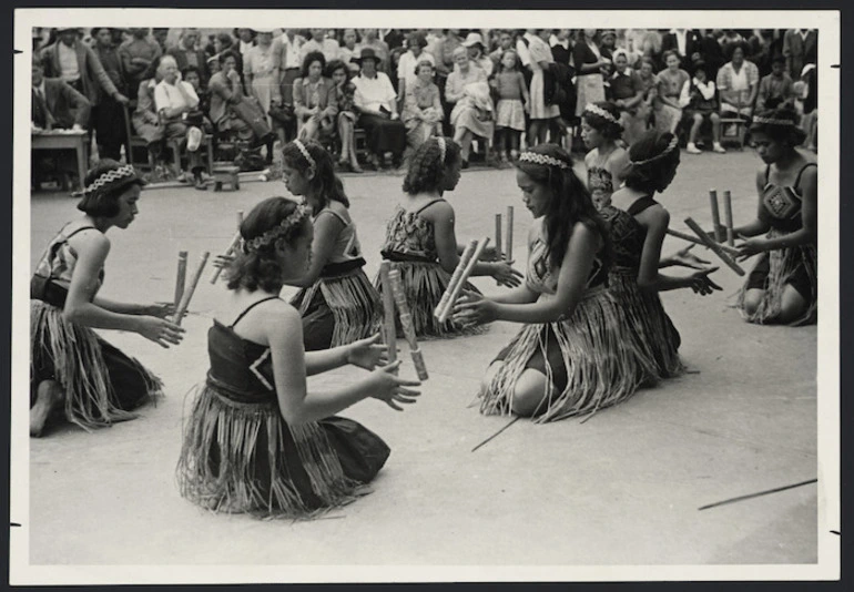 Image: Girls of Pakotai School demonstrating ti rakau (Maori stick games)