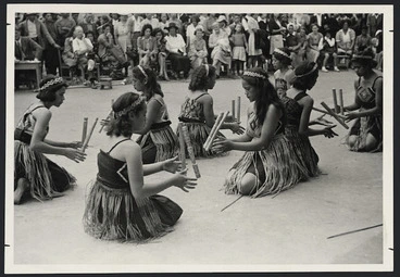 Image: Girls of Pakotai School demonstrating ti rakau (Maori stick games)