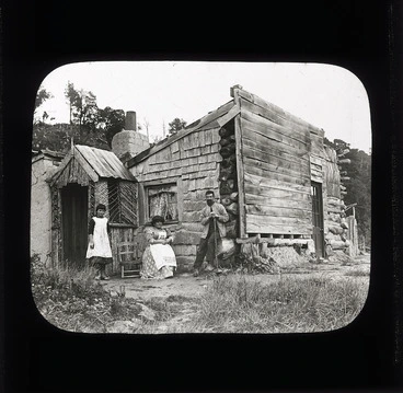 Image: Lockwoods' house, and group outside, Taieri Mouth, Otago