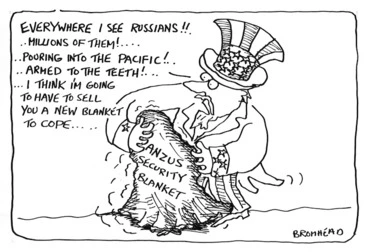 Image: Bromhead, Peter, 1933- :ANZUS Security Blanket, Auckland Star, 9 November 1982.