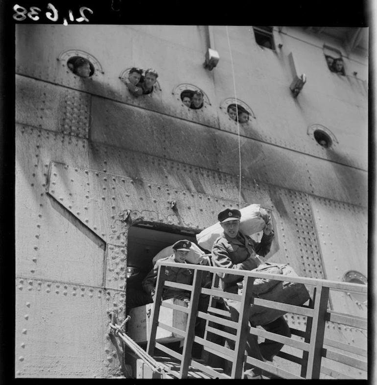 Image: Officer from Maori Battalion returning from World War II; shows him leaving the ship Dominion Monarch, in Wellington