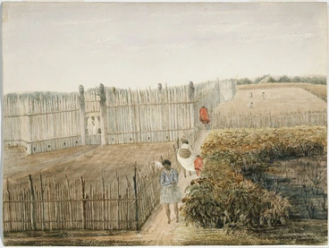 Image: [Bridge, Cyprian], 1807-1885 :View of an ordinary New Zealand pa with potato plantations around it. [1845]