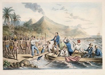 Image: Baxter, George 1804-1867 :The reception of the Rev.d J. Williams at Tanna in the South Seas the day before he was massacred. Designed, engraved and published on the 1st day of January 1841, by the patentee of oil colour printing, George Baxter... London