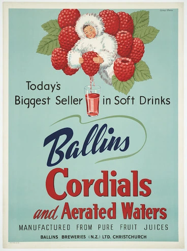 Image: New Zealand Railways. Publicity Branch: Today's biggest seller in soft drinks. Ballins cordials and aerated waters, manufactured from pure fruit juices / Railways Studios. Ballins Breweries (N.Z.) Ltd., Christchurch. Ch.Ch. Press Co., Ltd [1950s?]