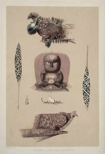 Image: Angas, George French, 1822-1886 :Ornamental canoe heads, paddles &c. / George French Angas delt & lithog. Plate 42. 1847.