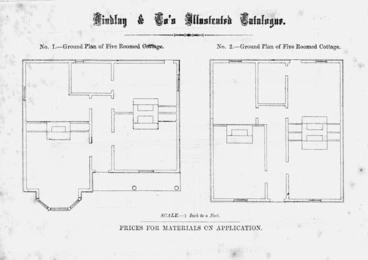 Image: Findlay & Co. :Findlay and Co's illustrated catalogue. No. 1. Ground plan of five roomed cottage. No. 2. Ground plan of five roomed cottage. Scale 1/8 inch to a foot. Prices for material on application. [1874]