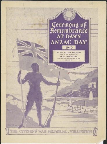 Image: Pike, Bertram Edgar, 1890-1972 :Ceremony of remembrance at dawn, ANZAC Day 1940. The Citizens' War Memorial, Wellington / B E Pike [19]39. [Programme cover].