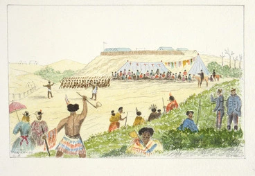 Image: [Hamley, Joseph Osbertus] 1820-1911 :Maori war dance, Taranaki [18 June 1864]