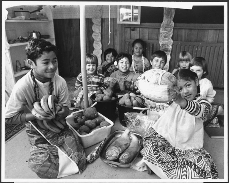 Image: Pupils of Strathmore Park School with food for umu - Photograph taken by Evening Post