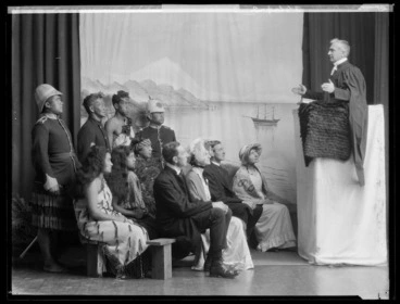 Image: Tableau, re-enacting Maori and Europeans attending a New Zealand church service held by an early Christian missionary, at the East and West Missionary Exhibition, Wellington Town Hall