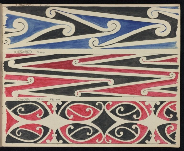 Image: Godber, Albert Percy, 1876-1949 :[Drawings of Maori rafter patterns]. 7. 23W. MA23. "Puhoro"; 8. 24W. MA24. "Puhoro". [and] 9. 15W. MA.15 "Rauru. Rautawa". [1939-1947].