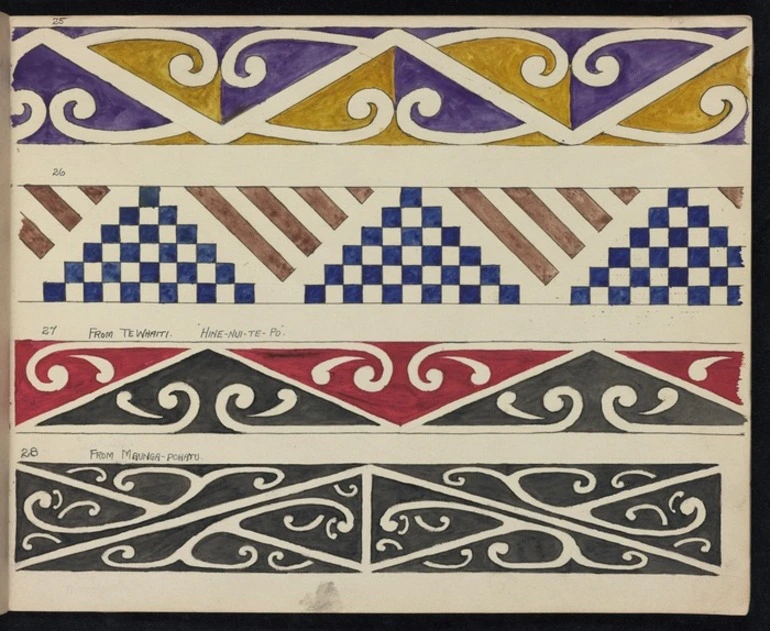 Image: Godber, Albert Percy, 1876-1949 :[Drawings of Maori rafter patterns]. 25. 26. 27. From Te Whaiti. "Hine-nui-te-Po"; and, 28. "From Maunga-Pohatu". [1939-1947].