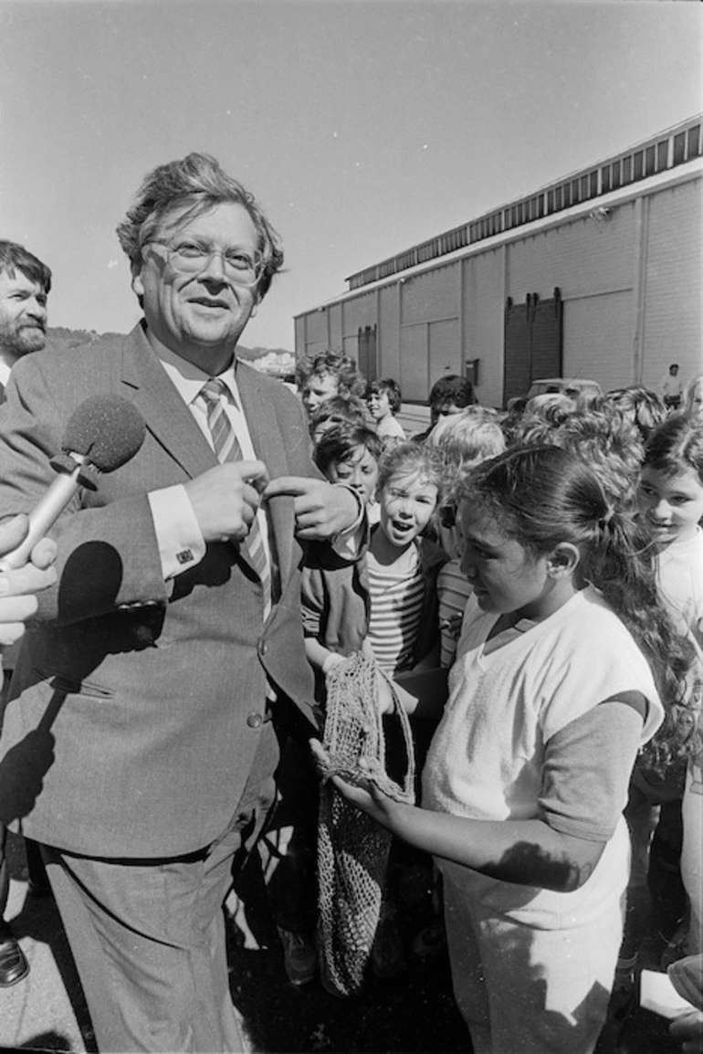 Image: Prime Minister, David Lange, about to make a donation to famine relief - Photograph taken by Merv Griffiths