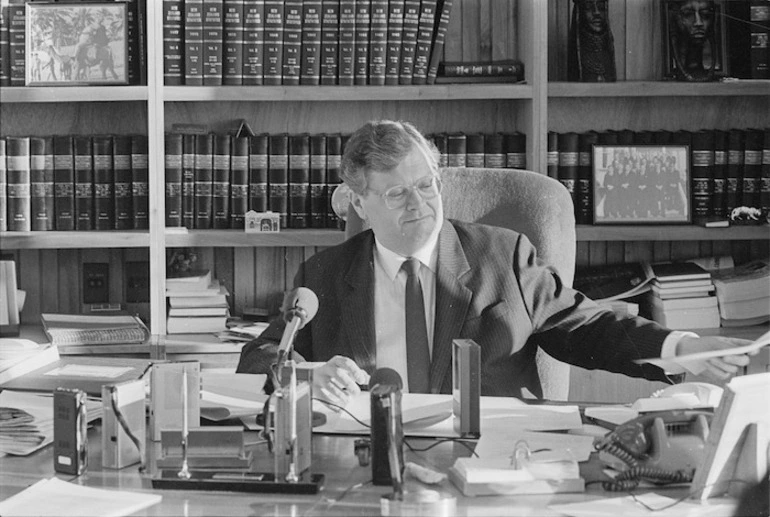 Image: Prime Minister, David Lange, in his parliamentary office - Photograph taken by Merv Griffiths