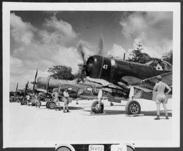 Image: Royal New Zealand Air Force Vought F4U Corsair aircraft, Espirito Santo, Guadalcanal, Solomon Islands, during World War II