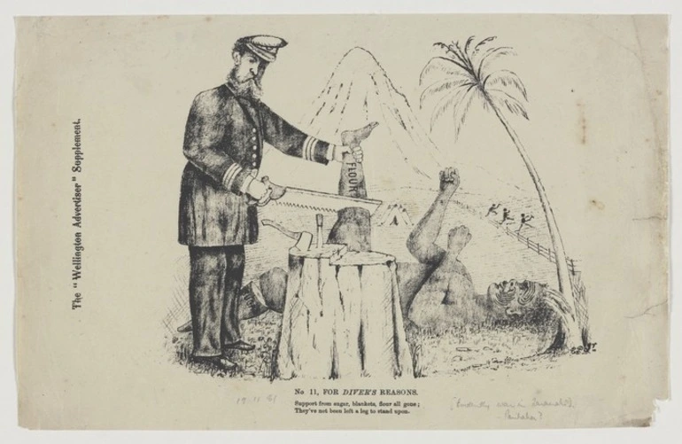 Image: Pharazyn, Edward, 1835-1890 :For diver's reasons. No. 11. Support from sugar, blankets, flour all gone; They've not been left a leg to stand upon. The Wellington Advertiser supplement, 19 November 1881.