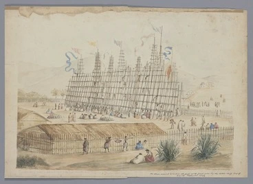 Image: Clarke, Cuthbert Charles, 1819-1863 :The stage erected to contain the food at the feast given by the native chiefs, Bay of Islands, September 1849