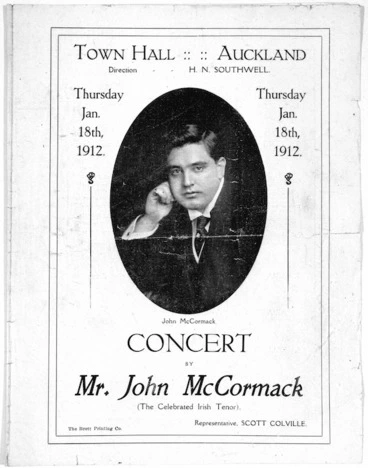 Image: Town Hall Auckland: Concert by Mr John McCormack (the celebrated Irish tenor) Thursday Jan[uary] 18th, 1912. [Cover]