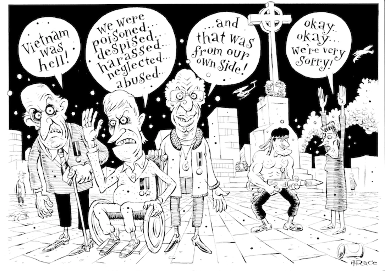 Image: "Vietnam was hell!" "We were poisoned... despised.. harassed... neglected... abused.." "and that was from our own side!" "Okay.. okay... We're very sorry!" 23 May, 2008