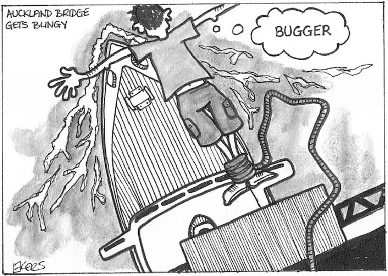 Image: Auckland bridge gets bungy. "Bugger." April, 2003