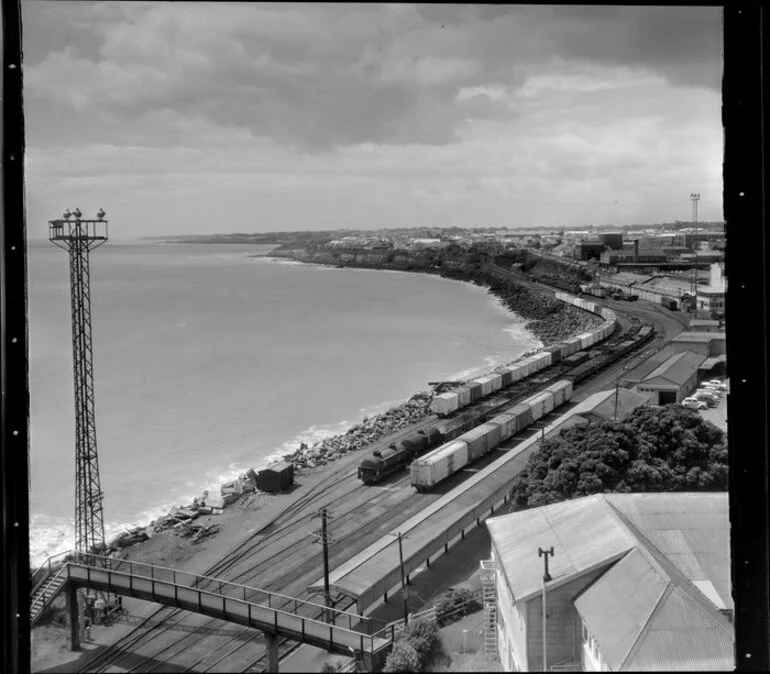 Image: Railway station and yards, New Plymouth, looking north along coastline