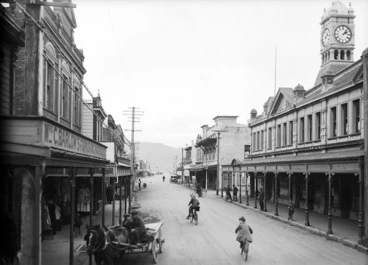 Image: Looking down Jackson Street, Petone, with Mrs C Barlow's Furnishing Warehouse on the left