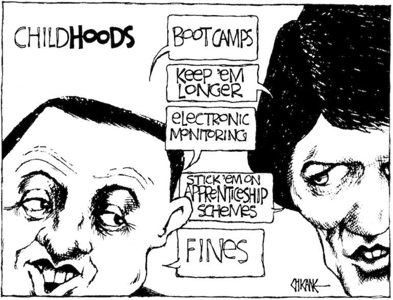 Image: ChildHOODS "Boot camps." "Keep 'em longer." "Electronic monitoring." "Stick 'em on apprenticeship schemes." "Fines." 31 January, 2008