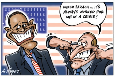 Image: Nisbet, Alistair, 1958- :"Wider Barack... it's always worked for me in a crisis!" 24 July 2011