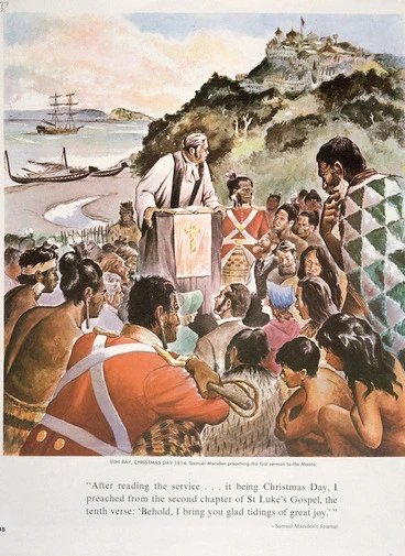 Image: Morgan, Jack :Oihi Bay, Christmas Day 1814; Samuel Marsden preaching the first sermon to the Maoris. [Auckland, Weekly News, 1964]