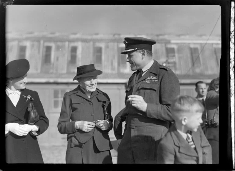 Image: Bristol Freighter tour, Christchurch, Aero Club field day, from left are Miss Hill, Lady Wigram, Group Captain Sheehan