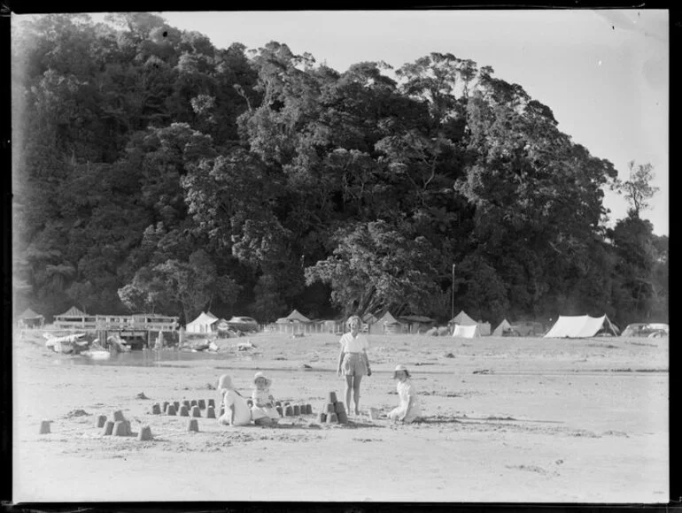 Image: Summer Child Studies series, tents and four girls on the beach. making sand pies