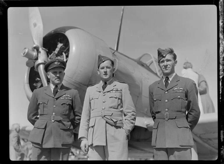 Image: From left, Flight Lieutenants J L Scott, R K Walker, S M Hope, No 1 Flying Training School Wigram, at the Royal New Zealand Aero Club pageant in Dunedin