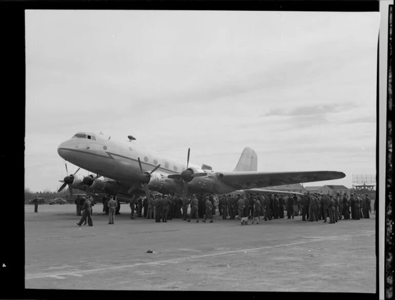 Image: Handley Page Hastings airplane, being viewed by Royal New Zealand Air Force personnel, Wigram, Christchurch