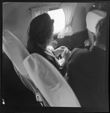 Image: Qantas Empire Airways, Bird of Paradise Service passenger, Mrs H R Childers knitting
