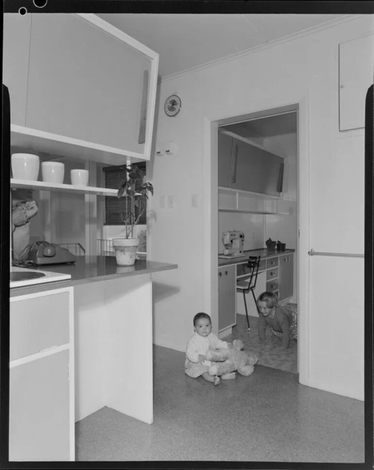 Image: Children in the Shuker house kitchen, Titahi Bay, Wellington