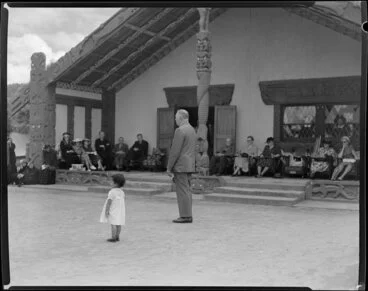 Image: Sir Peter Buck giving speech at his welcoming ceremony, [Tūrangawaewae marae,] Ngāruawāhia, Waikato